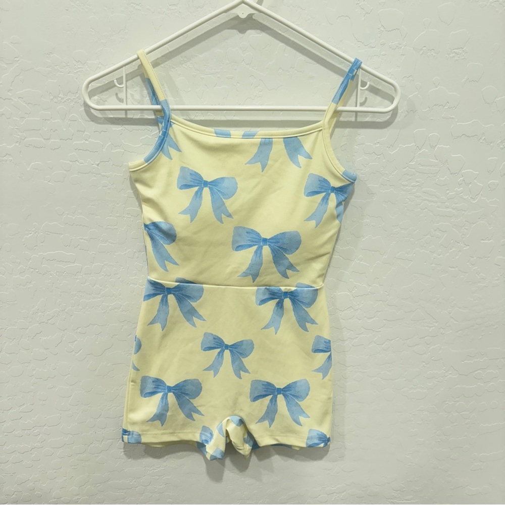 NWT Happy Camp3r Bow Romper Womens XS Yellow Blue Activewear Athleisure Workout